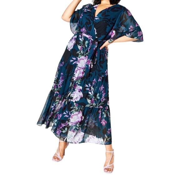 City Chic Dress Stephanie print maxi floral teal size L 20 - Picture 1 of 8